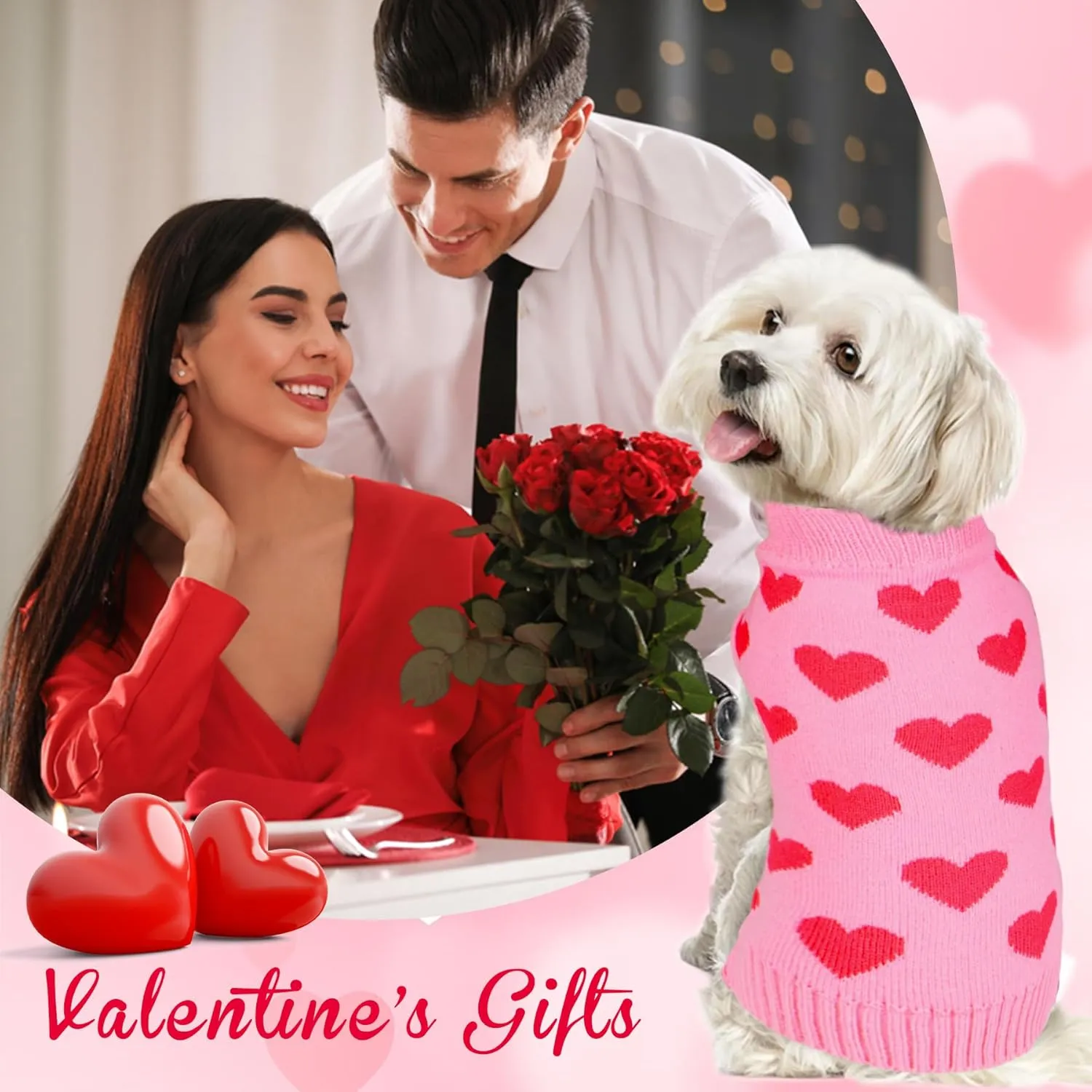2 Pack Valentine Dog Sweater Dog Valentines Clothes Outfit Knitted Heart Sweater for Small Medium Large Dogs Pets (Red & Pink, X-Large)