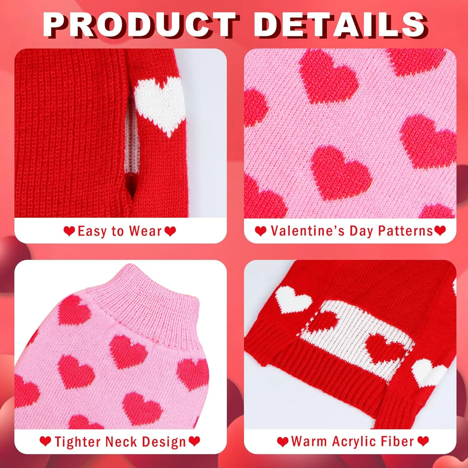2 Pack Valentine Dog Sweater Dog Valentines Clothes Outfit Knitted Heart Sweater for Small Medium Large Dogs Pets (Red & Pink, X-Large)