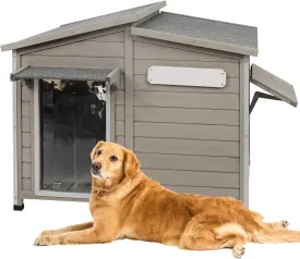 43" L Outdoor Extra Large Dog House with Removable Floor, Raised Feet, Anti-Chewing Iron Frame  Wooden Kennel with Asphalt Roof, Window for Indoor/Outdoor Use, Ideal for Medium to Large Dogs