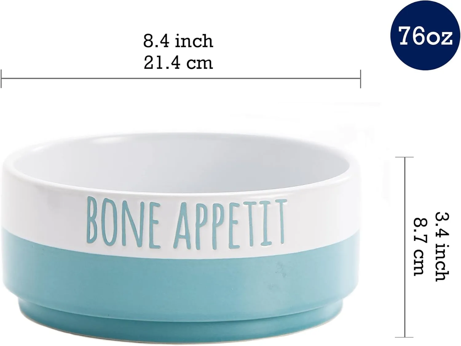 Bico Minimalistic Bone Appetit Ceramic 76oz Pet Bowl, for Large Size Dog, Puppy, Cat, Kitten, Durable and Dishwasher Safe Stoneware