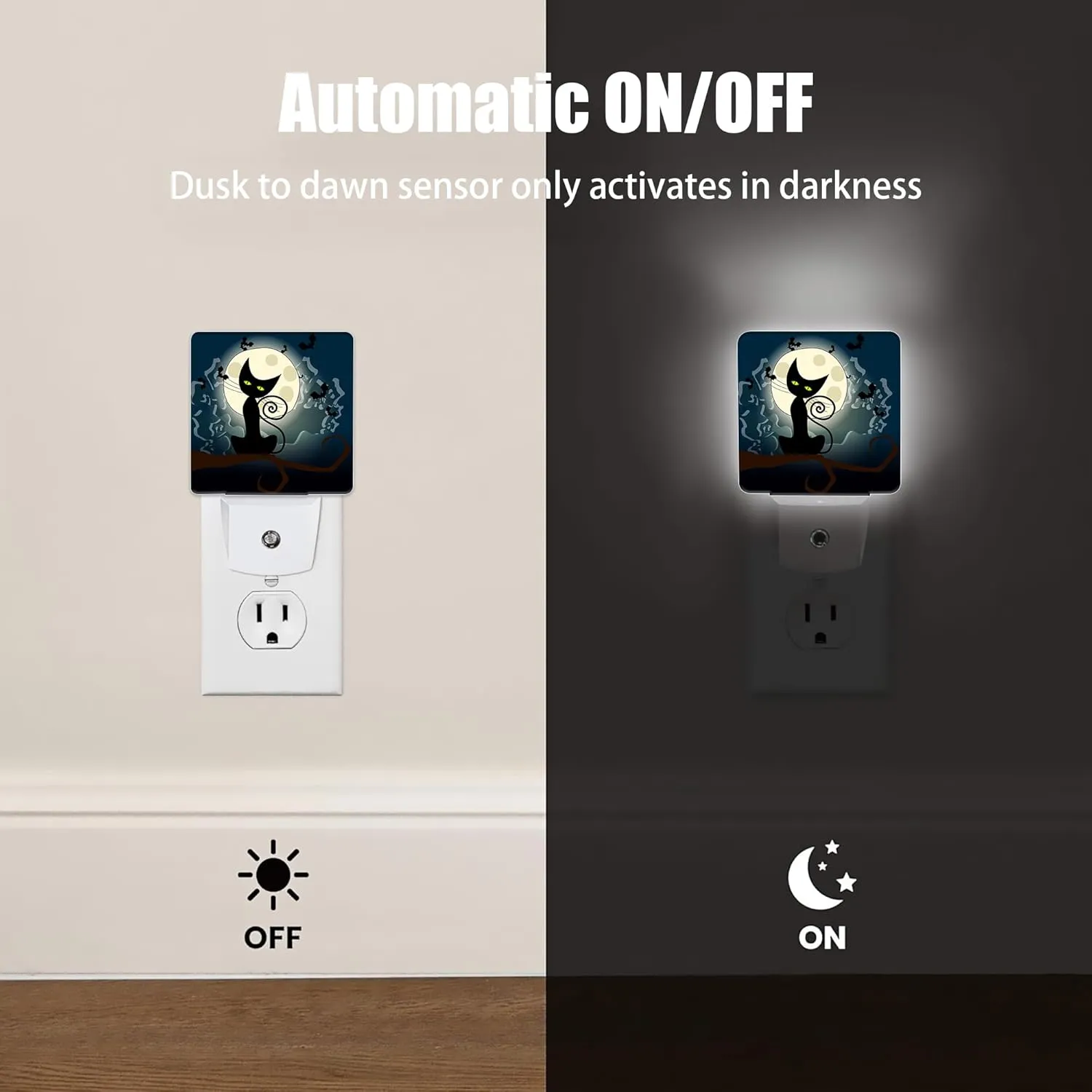 Black Cat Fantasy Halloween Night Light, Full Moon Bats Night Lights Plug into Wall Decorations for Bedroom, Bathroom, Kitchen, Dusk to Dawn Sensor Nightlights for Boys Girls Women Men Room Gifts