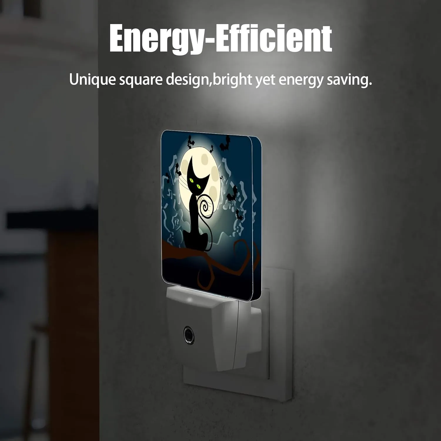 Black Cat Fantasy Halloween Night Light, Full Moon Bats Night Lights Plug into Wall Decorations for Bedroom, Bathroom, Kitchen, Dusk to Dawn Sensor Nightlights for Boys Girls Women Men Room Gifts