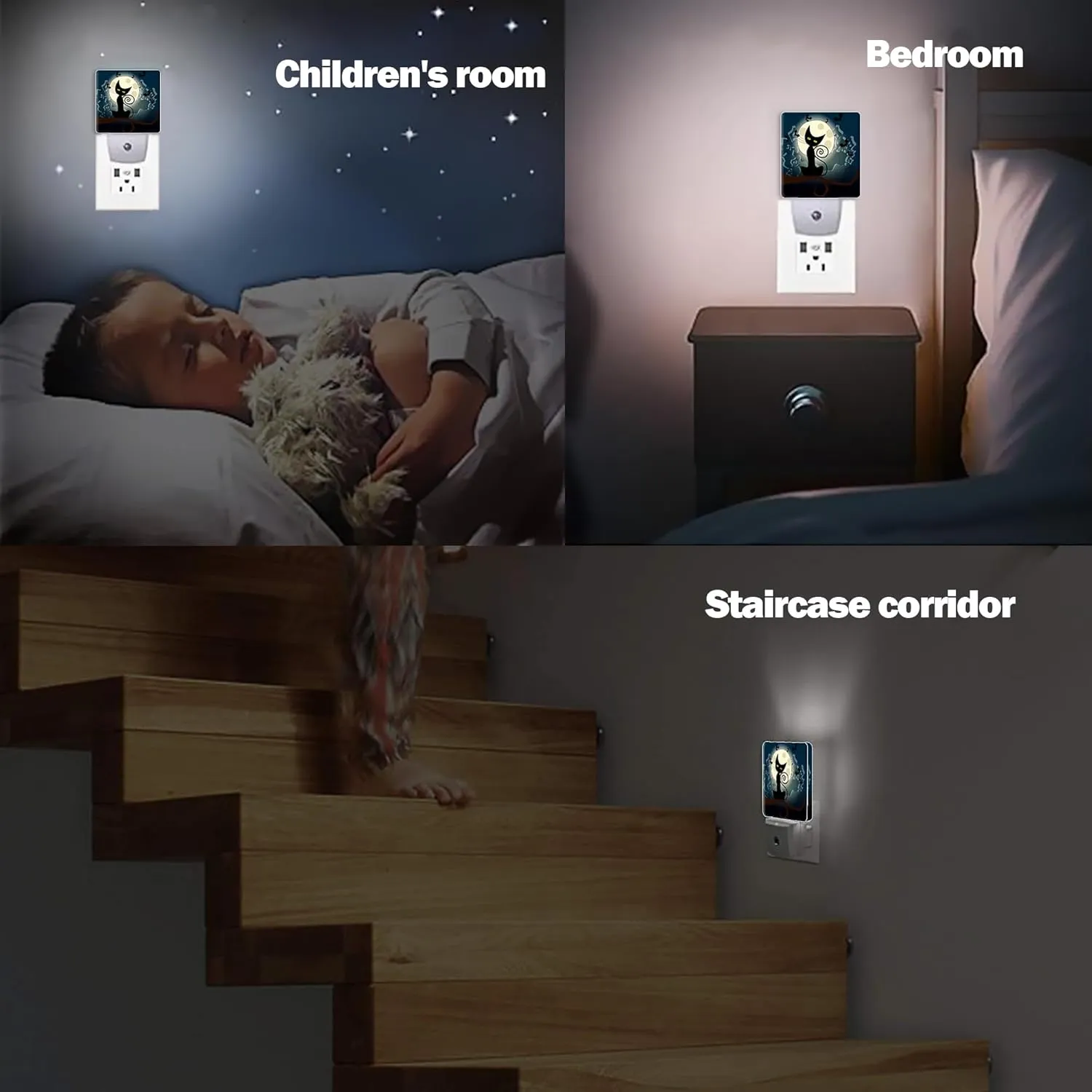 Black Cat Fantasy Halloween Night Light, Full Moon Bats Night Lights Plug into Wall Decorations for Bedroom, Bathroom, Kitchen, Dusk to Dawn Sensor Nightlights for Boys Girls Women Men Room Gifts