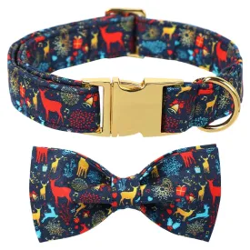 Blue Deer Christmas Party Dog Collar | Personalized Dog Collar with Flower Bowtie for Small Medium Large Dogs