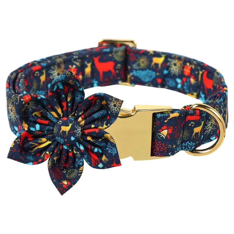 Blue Deer Christmas Party Dog Collar | Personalized Dog Collar with Flower Bowtie for Small Medium Large Dogs