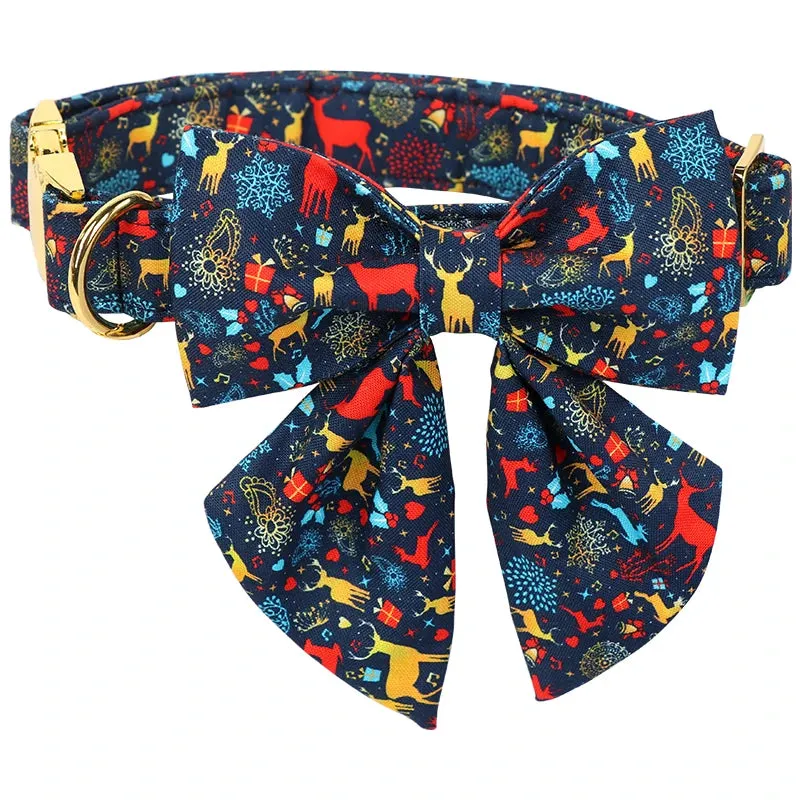 Blue Deer Christmas Party Dog Collar | Personalized Dog Collar with Flower Bowtie for Small Medium Large Dogs