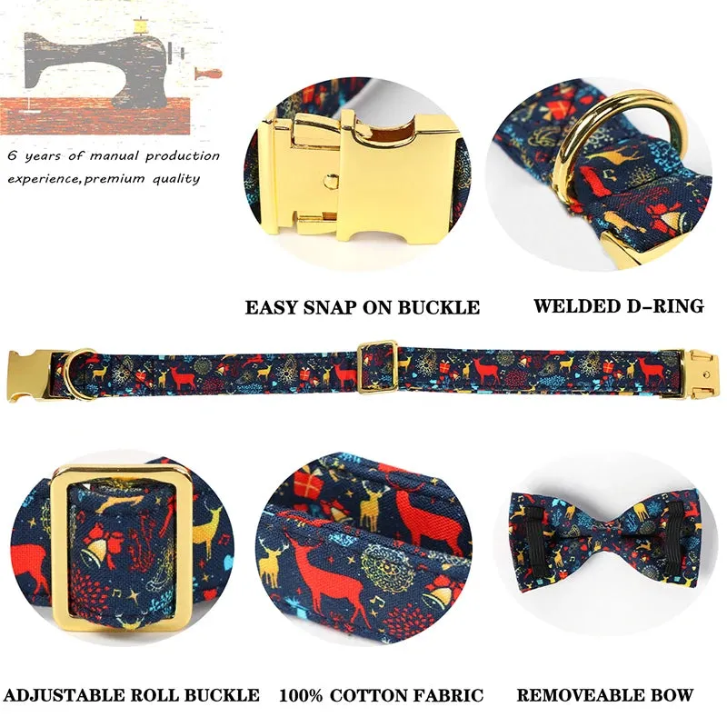Blue Deer Christmas Party Dog Collar | Personalized Dog Collar with Flower Bowtie for Small Medium Large Dogs