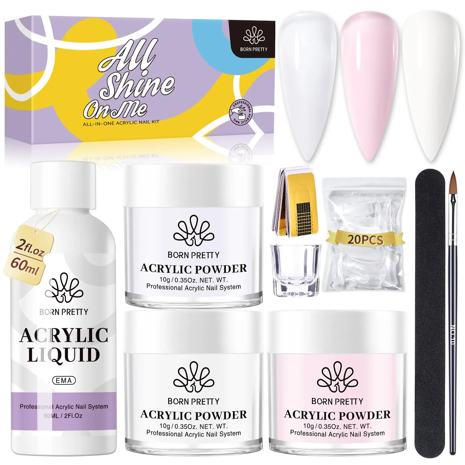 BORN PRETTY Acrylic Nail Kit Acrylic Powder And Liquid Set Clear White Pink Acrylic Powder Starter Kit with Nail Forms for Acrylic Nails Extension Beginner set