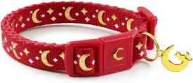 Cat Collars, Gold Moons and Stars Cat Collar, Safety Breakaway Cat Collar, Glow in The Dark (Standard 9"-15" Neck, Scarlet)