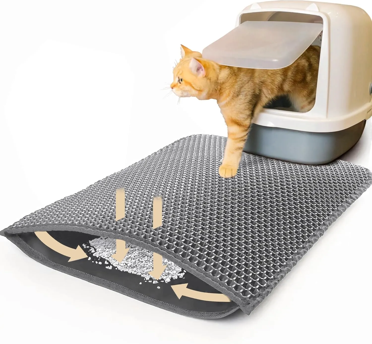 cat litter mat xl extra large 22 x 30 urine waterproof, washable easy to clean cat litter box mat, honeycomb double layer non-slip litter trapping carpet, grey