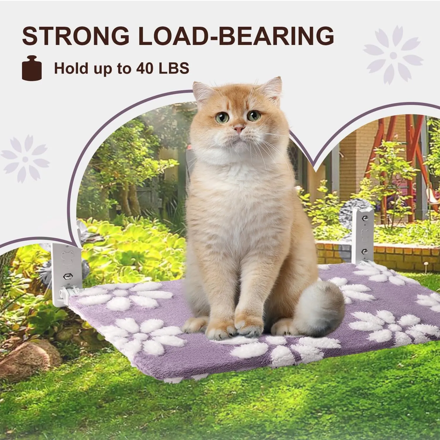 Cat Window Perch, Foldable Cat Window Hammock with Cute 3D Textured Flower Cover, Breathable Mesh Cover and Strong Suction Cups, Cordless Window Seat Bed for Indoor Cats (Purple, Medium)