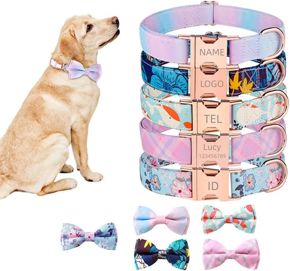 Custom Dog Collar for Girls Boys,Bowtie Soft Personalized Cat Collar with Free Engraved ID Name Tag Phone Number Plate,Customized Metal Buckle Adjustable for Small Medium Large Breed