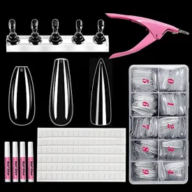 DIY Press on Nail Making Kit Full Cover Long Ballerina Stiletto Short Coffin Nail Tips with 1 Set Magnetic Nail Holder 4PCS Nail Glues 1PC Nail Tip Cutter Clipper 102PCS Reusable Adhesive Putty