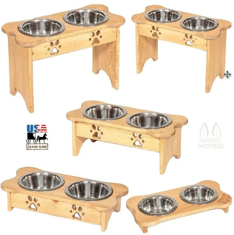 DOG BONE FEEDER - Finished Pine Wood Elevated Food & Water Station