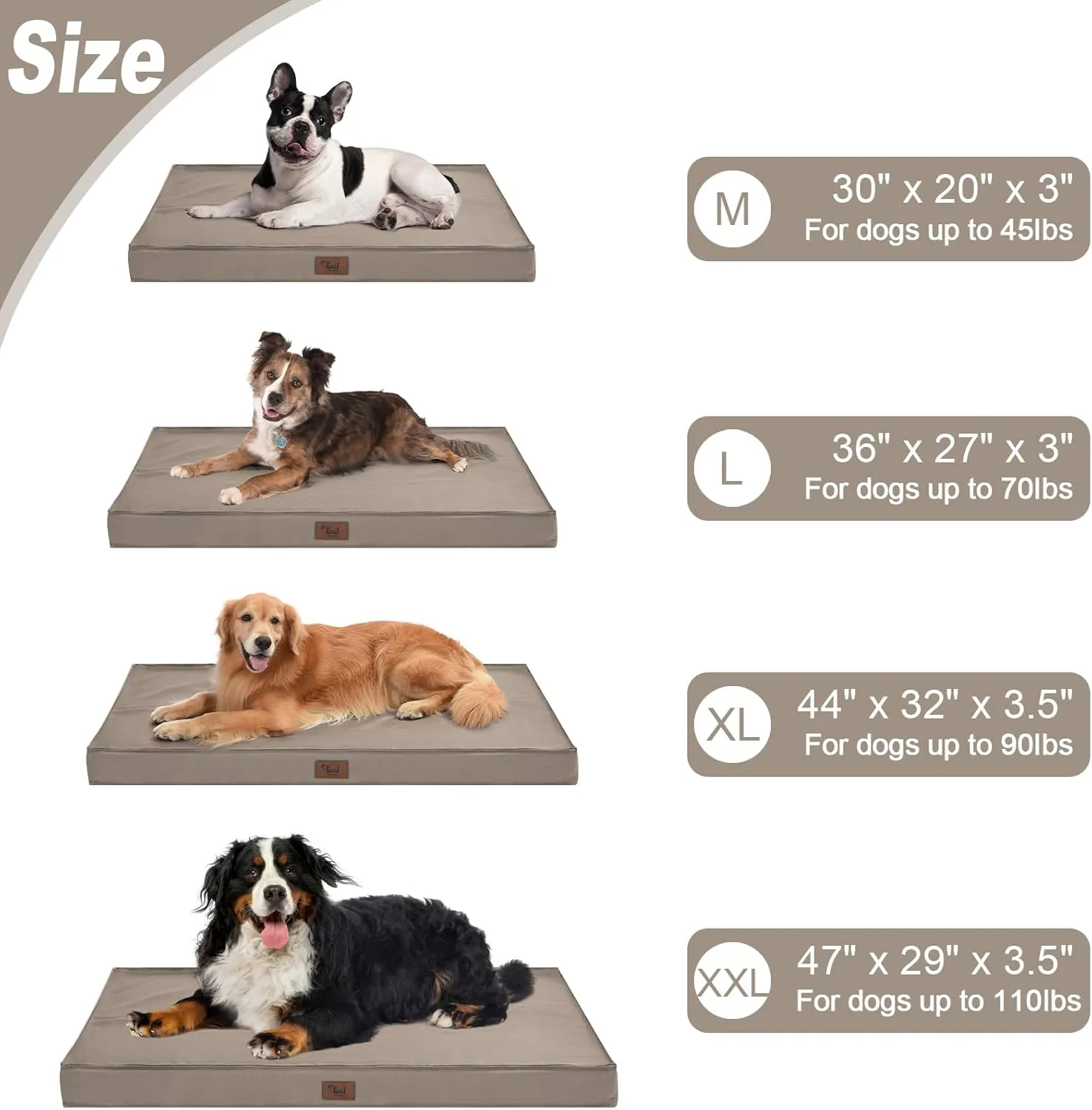 Dog Crate Bed Washable Dog Beds for Large Dogs, Big Waterproof Orthopedic Dog Bed with Egg Crate Foam Pet Bed Mat, Removable Oxford Cooling Cover, Khaki