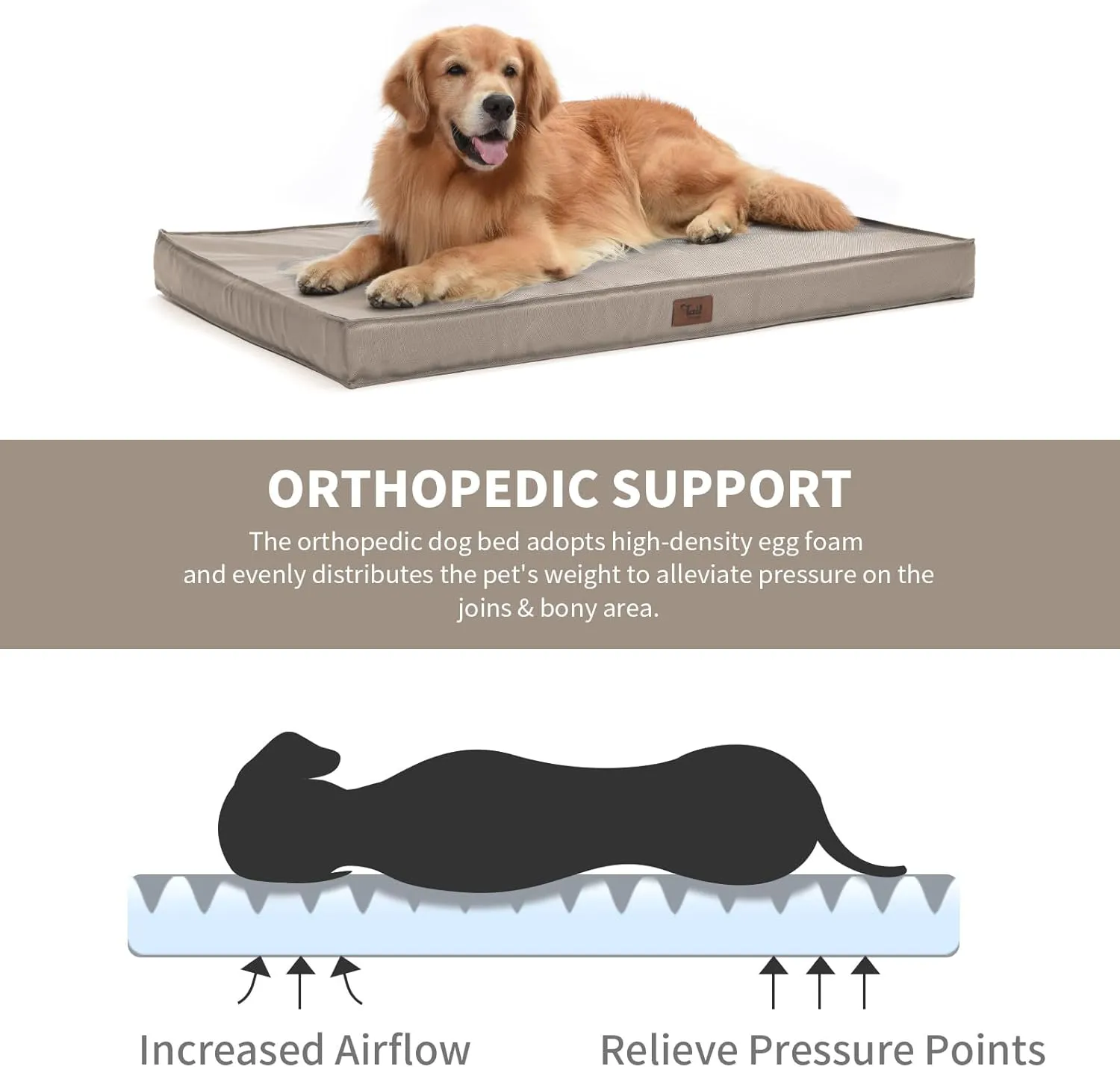 Dog Crate Bed Washable Dog Beds for Large Dogs, Big Waterproof Orthopedic Dog Bed with Egg Crate Foam Pet Bed Mat, Removable Oxford Cooling Cover, Khaki