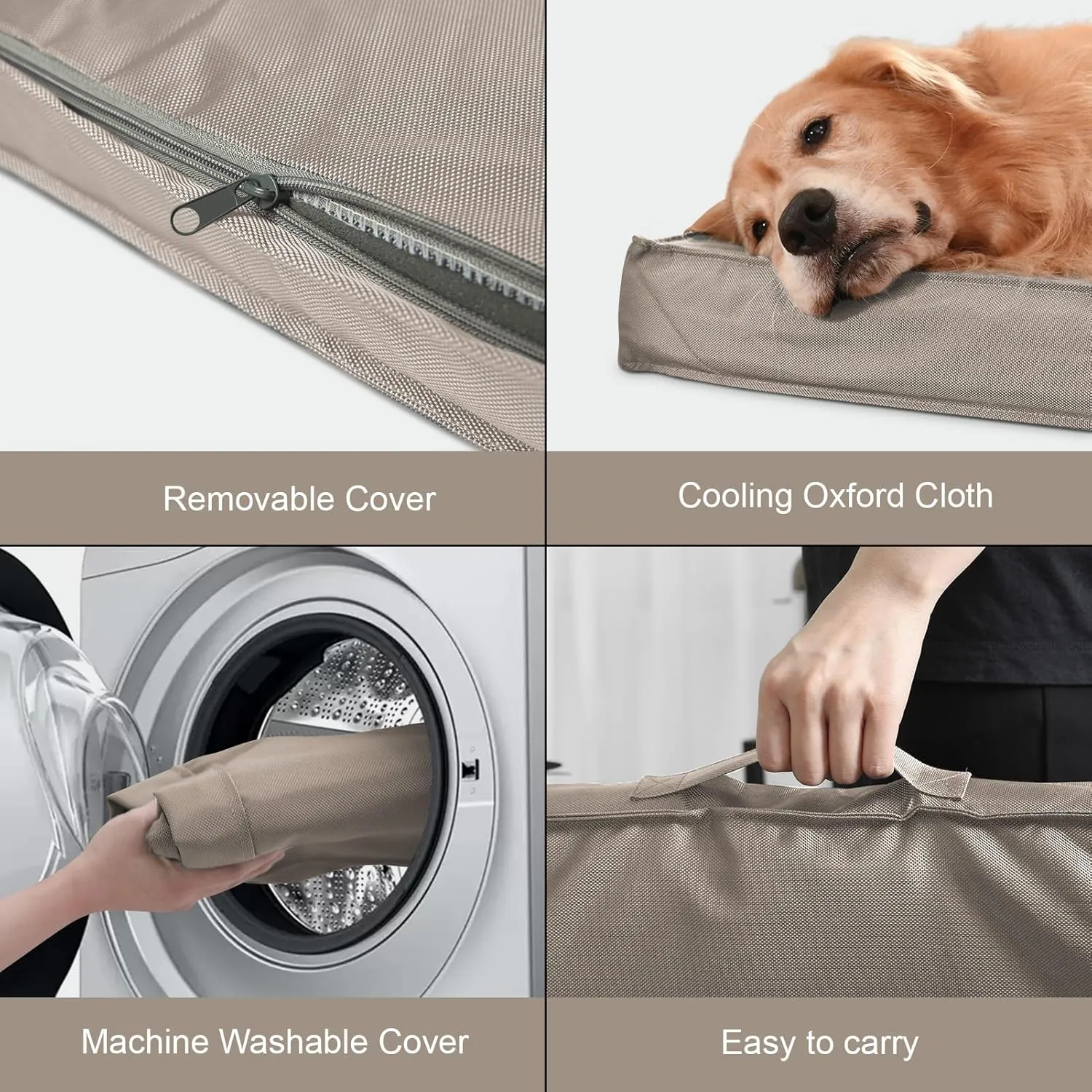 Dog Crate Bed Washable Dog Beds for Large Dogs, Big Waterproof Orthopedic Dog Bed with Egg Crate Foam Pet Bed Mat, Removable Oxford Cooling Cover, Khaki