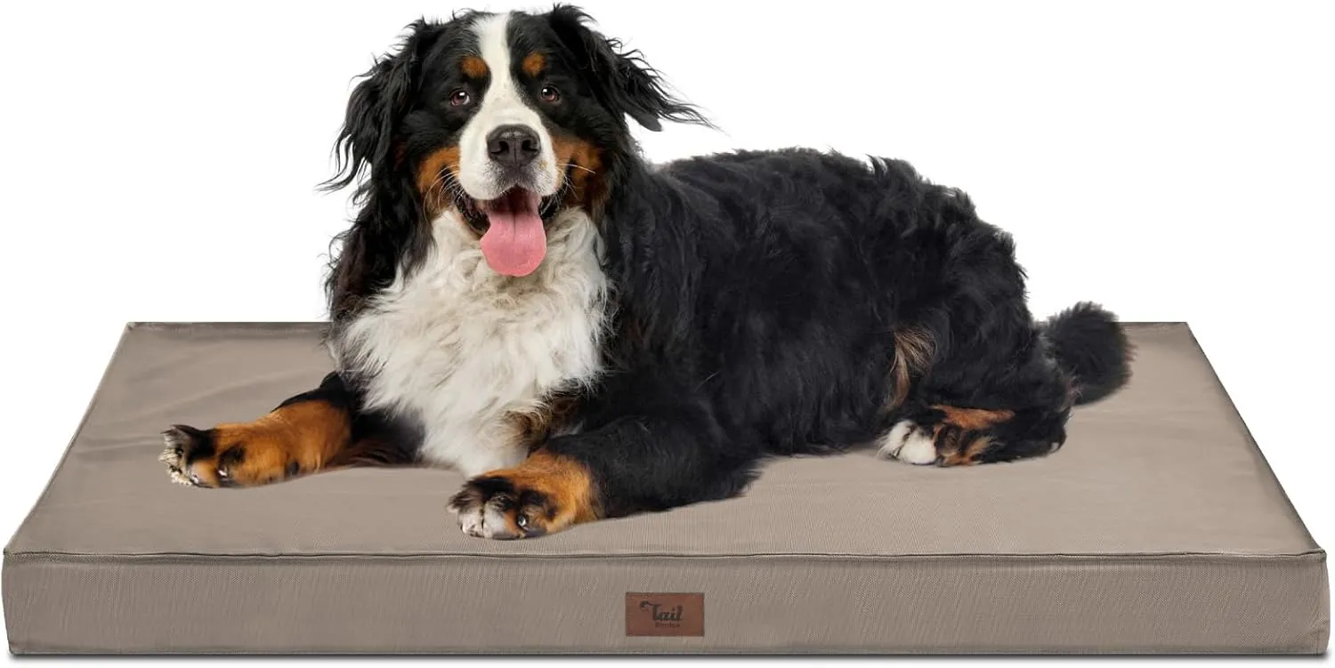 Dog Crate Bed Washable Dog Beds for Large Dogs, Big Waterproof Orthopedic Dog Bed with Egg Crate Foam Pet Bed Mat, Removable Oxford Cooling Cover, Khaki