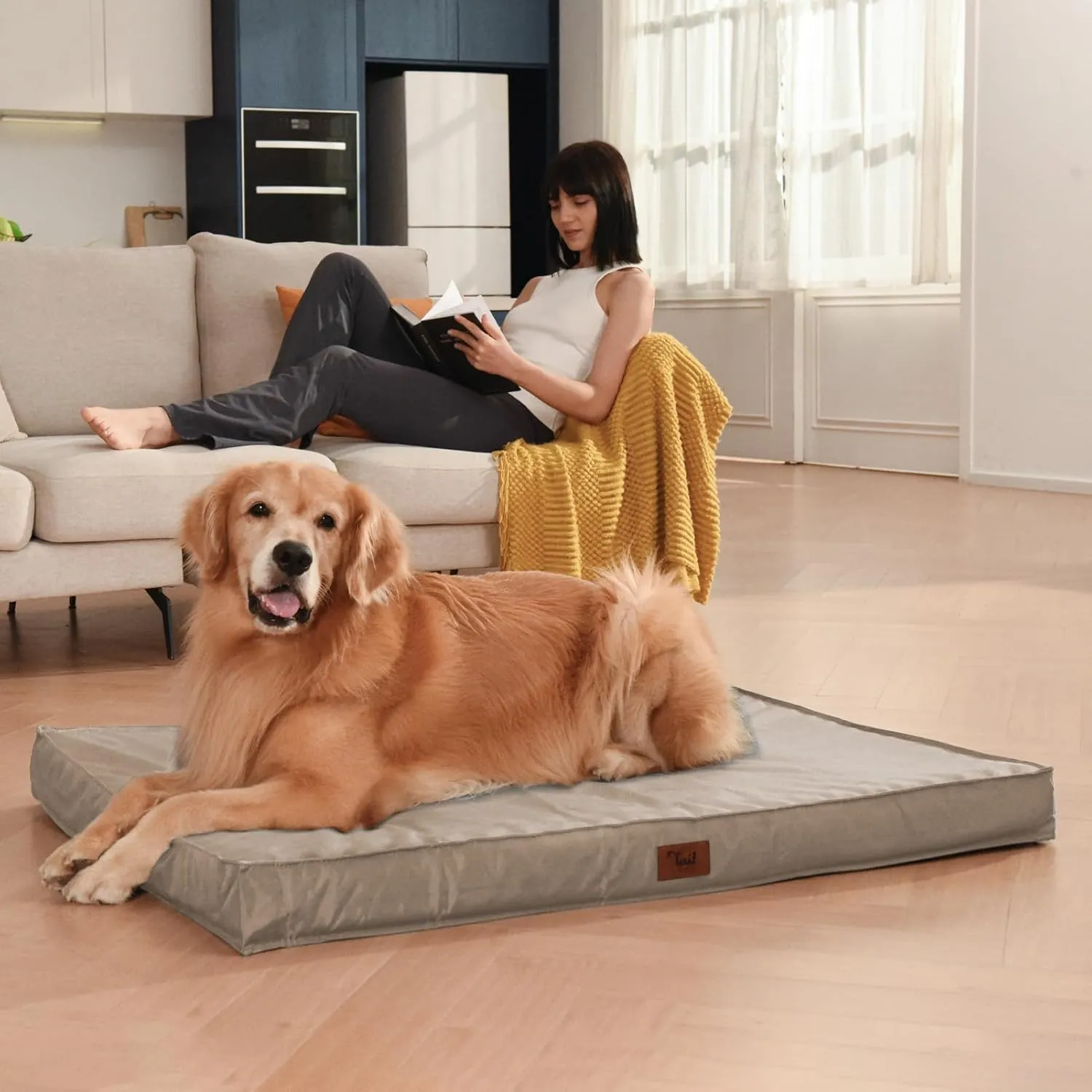 Dog Crate Bed Washable Dog Beds for Large Dogs, Big Waterproof Orthopedic Dog Bed with Egg Crate Foam Pet Bed Mat, Removable Oxford Cooling Cover, Khaki