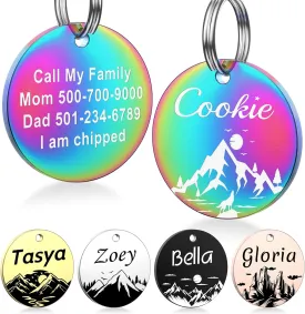Dog Tags Stainless Steel Pet Tags Personalized Double-Sided Engraved Dog and Cat Tags Custom Pet Name ID Tag with Mountain Design,Round