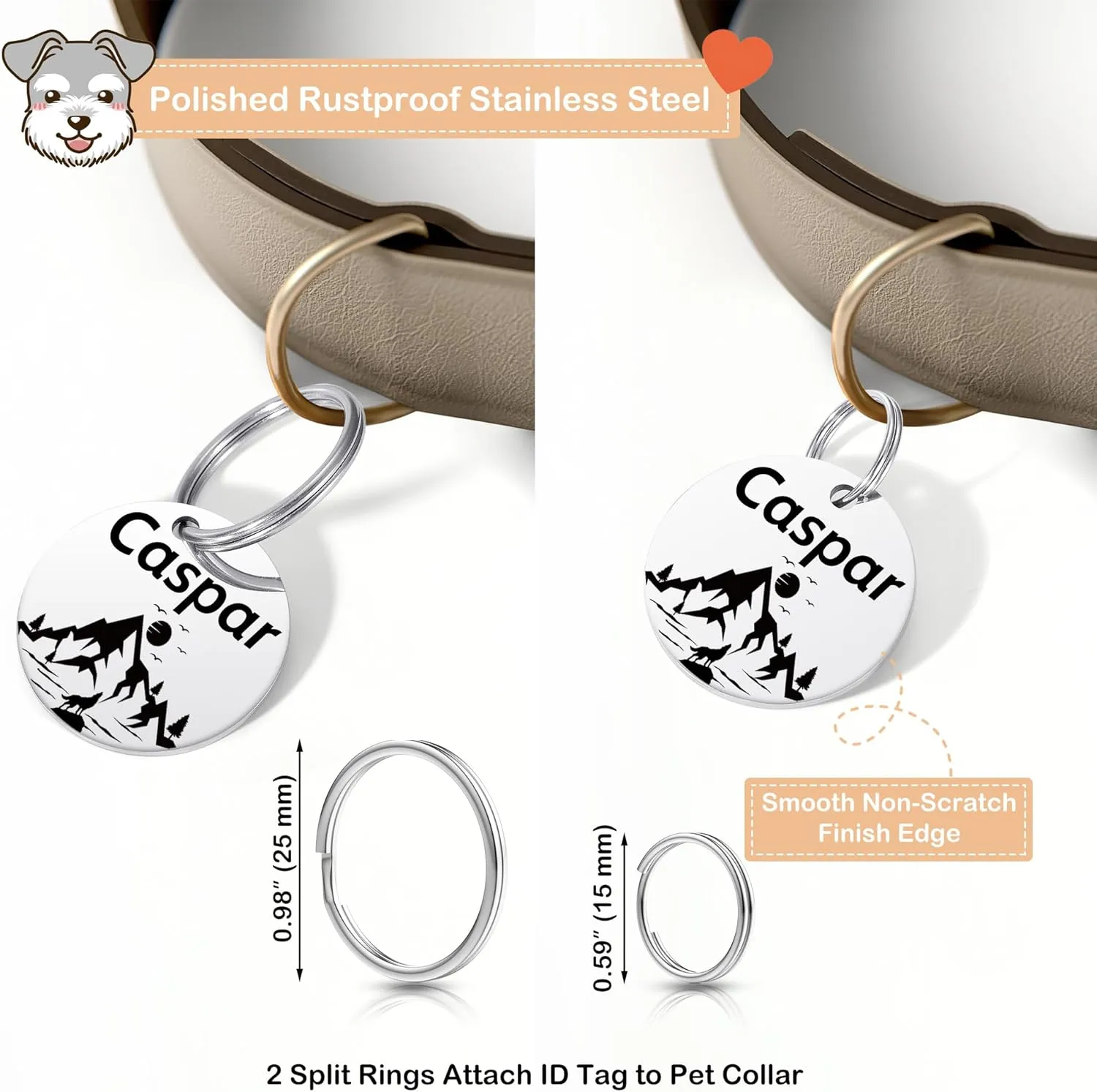 Dog Tags Stainless Steel Pet Tags Personalized Double-Sided Engraved Dog and Cat Tags Custom Pet Name ID Tag with Mountain Design,Round