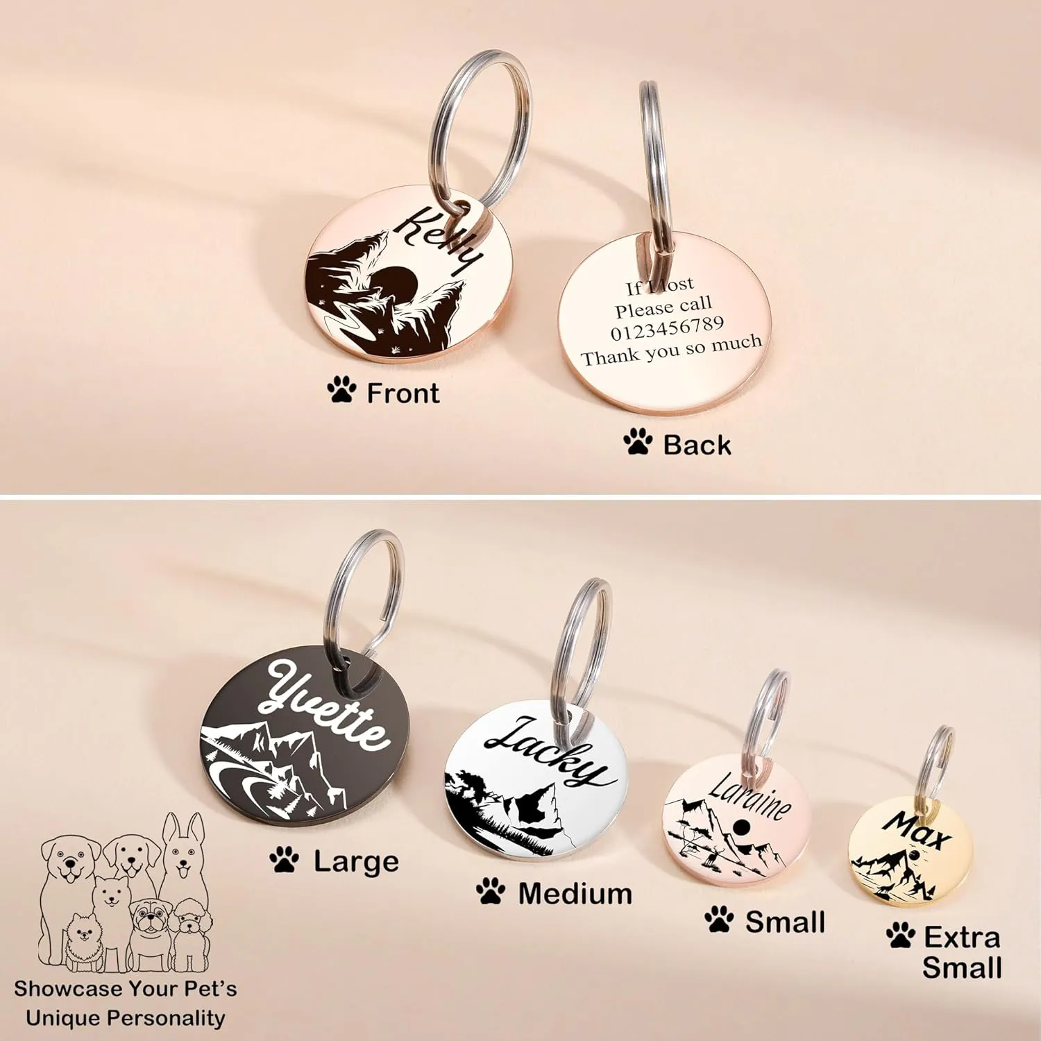 Dog Tags Stainless Steel Pet Tags Personalized Double-Sided Engraved Dog and Cat Tags Custom Pet Name ID Tag with Mountain Design,Round