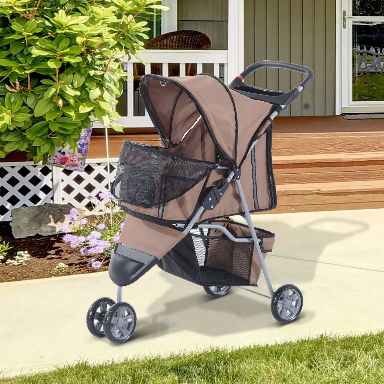 Dogs Oxford Cloth Three Wheel Pram Coffee - Suitable for Small Pets
