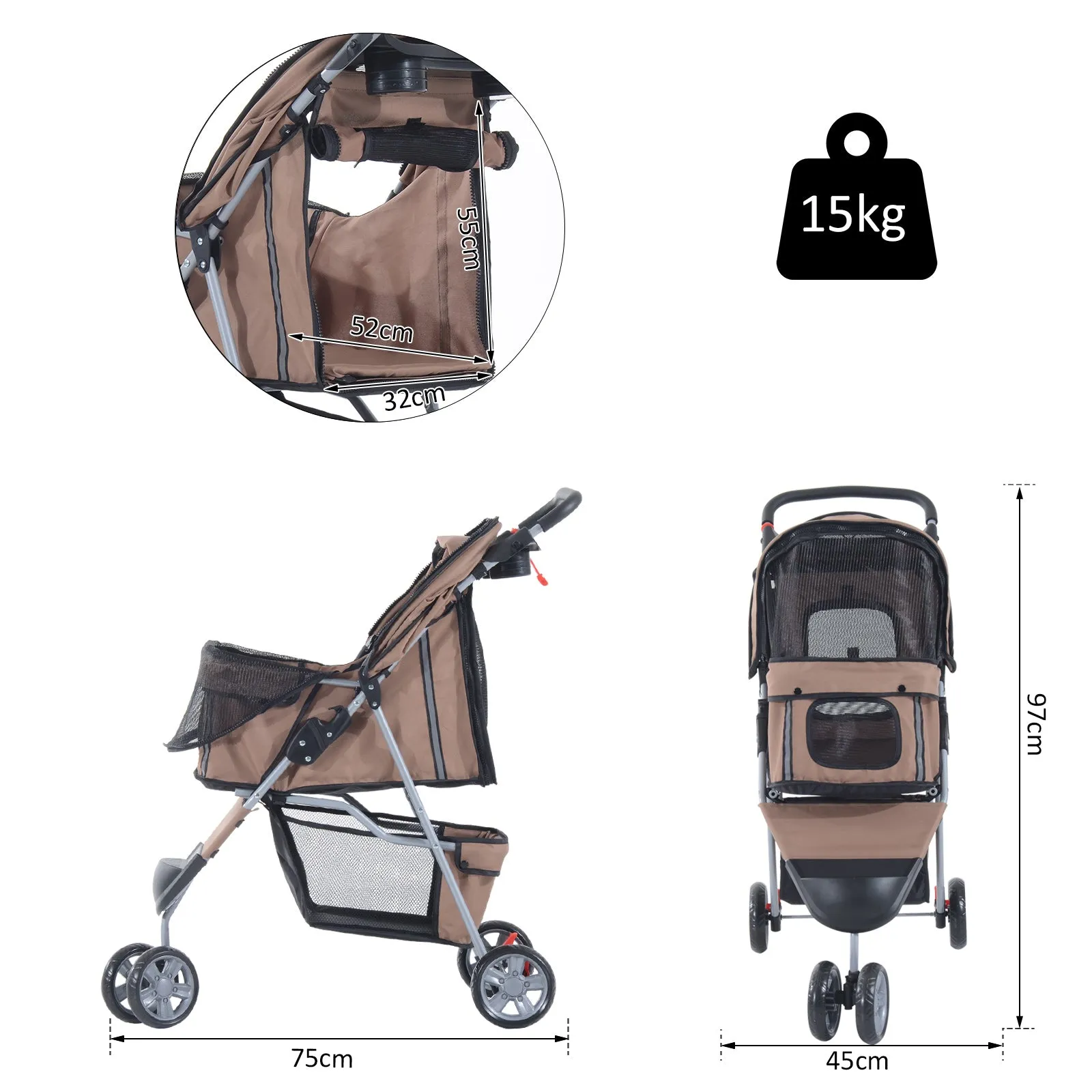 Dogs Oxford Cloth Three Wheel Pram Coffee - Suitable for Small Pets