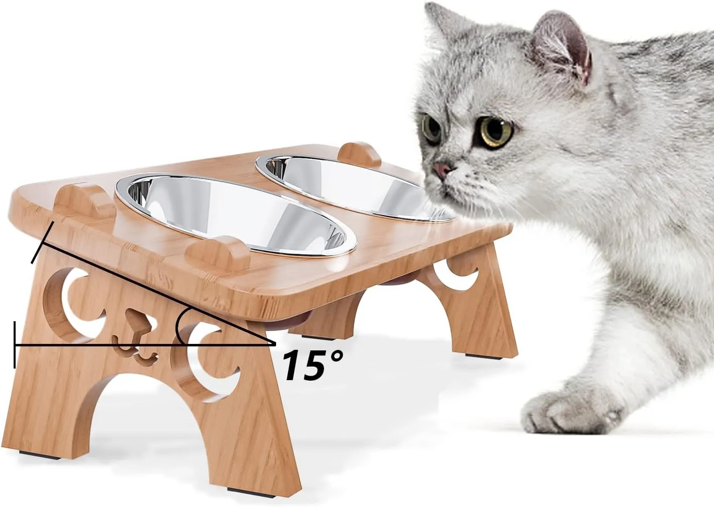 Elevated Cat Bowls, Cat Bowls for Food and Water.Small Dog 15Tilted Raised Food Feeding Dishes, Bamboo Water Stand Feeder Set for Cats and Puppy (Walnut Color)