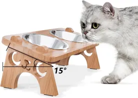 Elevated Cat Bowls, Cat Bowls for Food and Water.Small Dog 15Tilted Raised Food Feeding Dishes, Bamboo Water Stand Feeder Set for Cats and Puppy (Walnut Color)