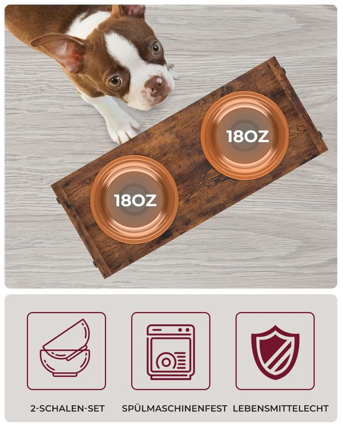Elevated Dog Bowls - Adjustable Raised Dog Bowls for Small Dogs and Cats, Sturdy Rustic Brown Particle Board Dog Food Bowl Stand with 2 Stainless Steel Bowls and Non-Slip Feet