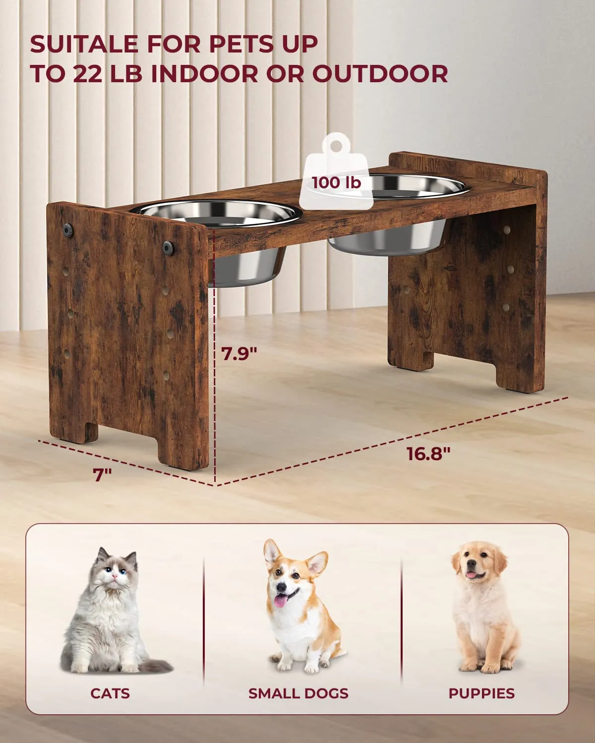 Elevated Dog Bowls - Adjustable Raised Dog Bowls for Small Dogs and Cats, Sturdy Rustic Brown Particle Board Dog Food Bowl Stand with 2 Stainless Steel Bowls and Non-Slip Feet