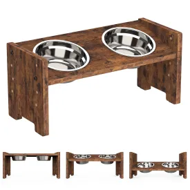 Elevated Dog Bowls - Adjustable Raised Dog Bowls for Small Dogs and Cats, Sturdy Rustic Brown Particle Board Dog Food Bowl Stand with 2 Stainless Steel Bowls and Non-Slip Feet