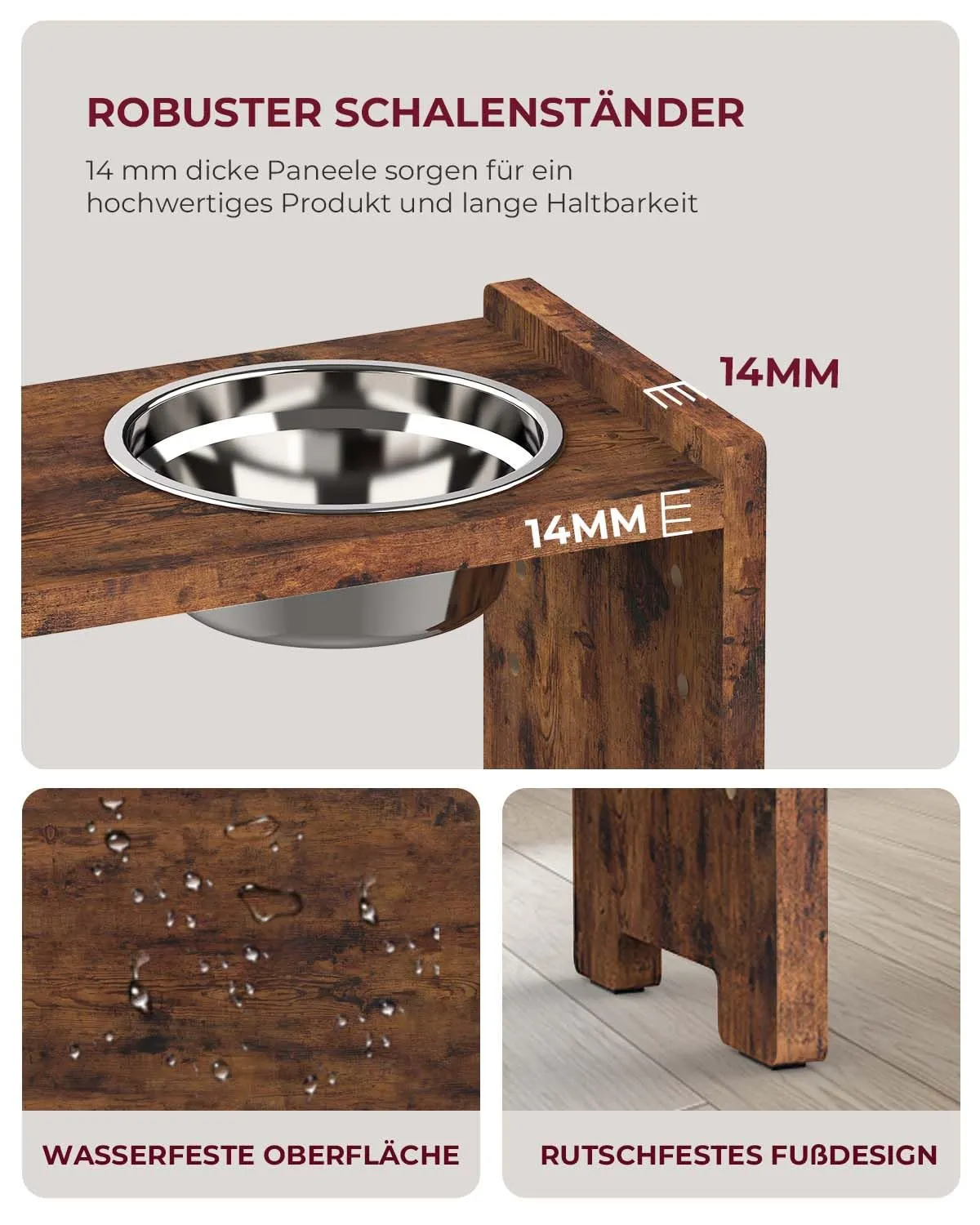 Elevated Dog Bowls - Adjustable Raised Dog Bowls for Small Dogs and Cats, Sturdy Rustic Brown Particle Board Dog Food Bowl Stand with 2 Stainless Steel Bowls and Non-Slip Feet