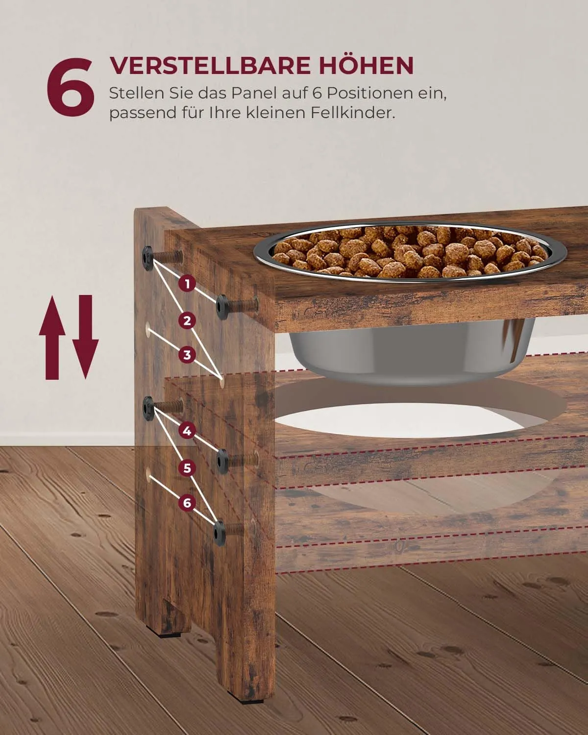 Elevated Dog Bowls - Adjustable Raised Dog Bowls for Small Dogs and Cats, Sturdy Rustic Brown Particle Board Dog Food Bowl Stand with 2 Stainless Steel Bowls and Non-Slip Feet