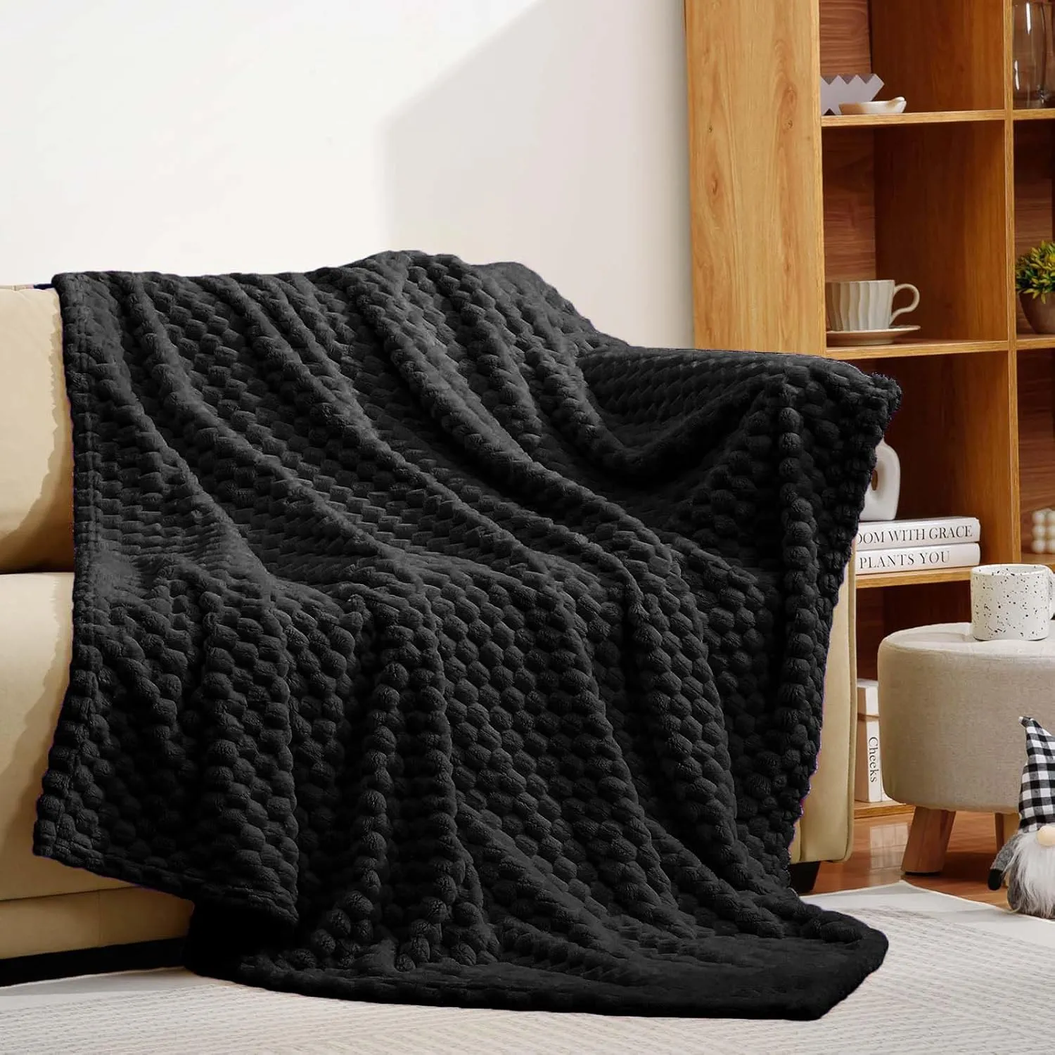 Excervent Flannel Fleece Throw Blanket (50x70 inches), Hexagon Jacquard Decorative Fuzzy Blankets for Household, Camping, and Travel, Super Soft Cozy, Suitable for All Seasons, Black