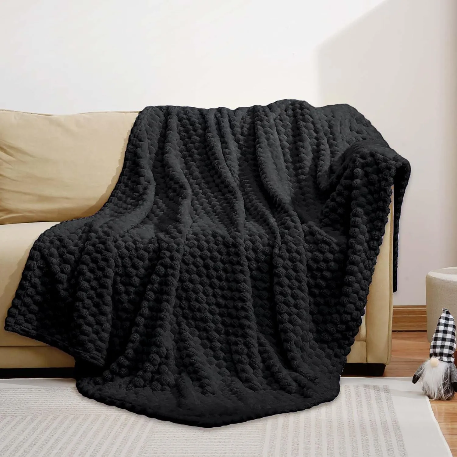Excervent Flannel Fleece Throw Blanket (50x70 inches), Hexagon Jacquard Decorative Fuzzy Blankets for Household, Camping, and Travel, Super Soft Cozy, Suitable for All Seasons, Black