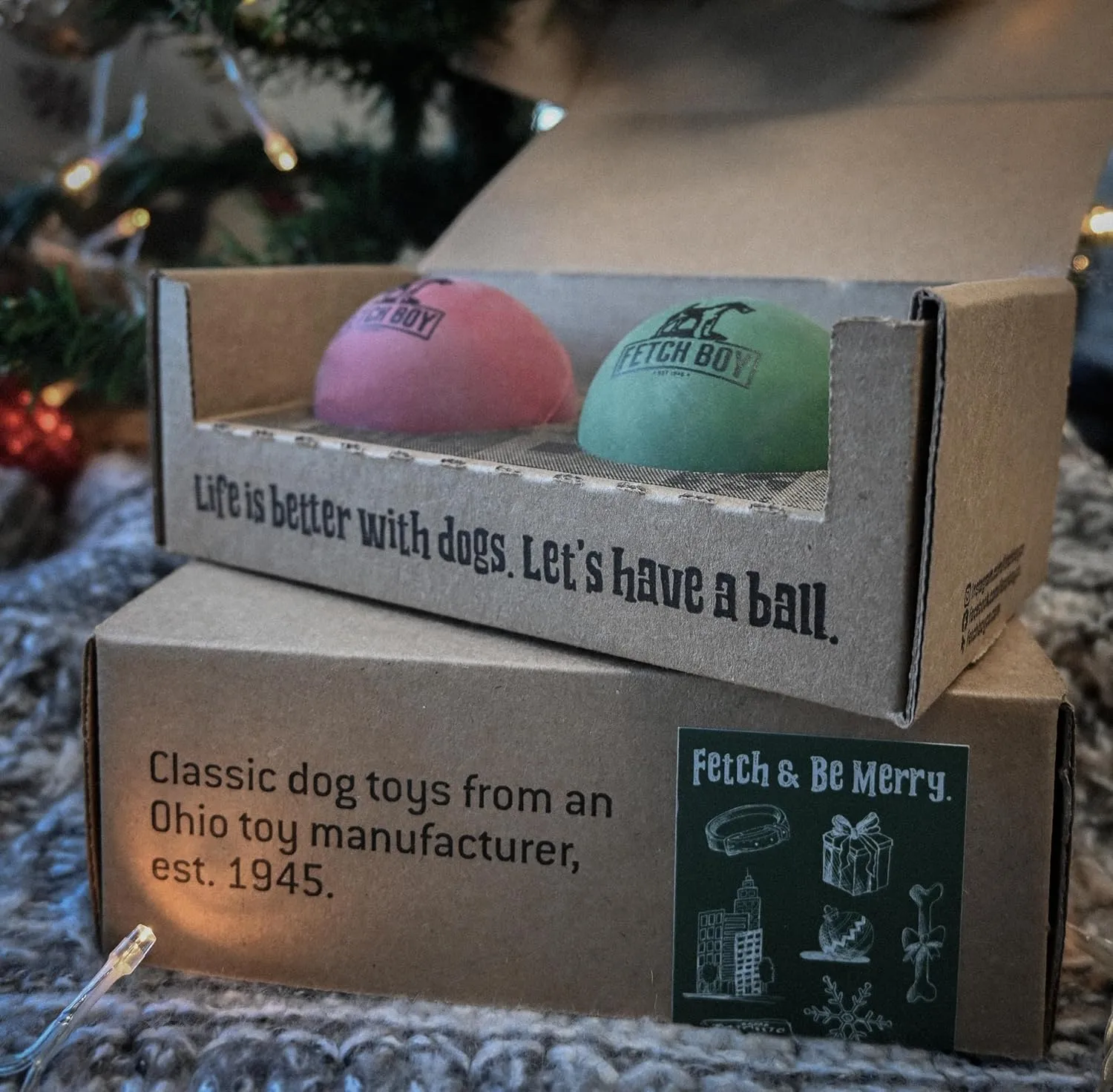 Fetch Boy The O.G. of Bounce Rubber Dog Ball, Christmas Dog Toy, Made in USA, 2.5 inches, Fetching Breeds, Xmas Dog Gift, 2 Pack Holiday Box