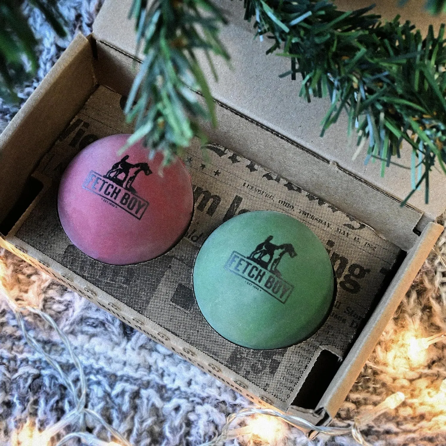 Fetch Boy The O.G. of Bounce Rubber Dog Ball, Christmas Dog Toy, Made in USA, 2.5 inches, Fetching Breeds, Xmas Dog Gift, 2 Pack Holiday Box