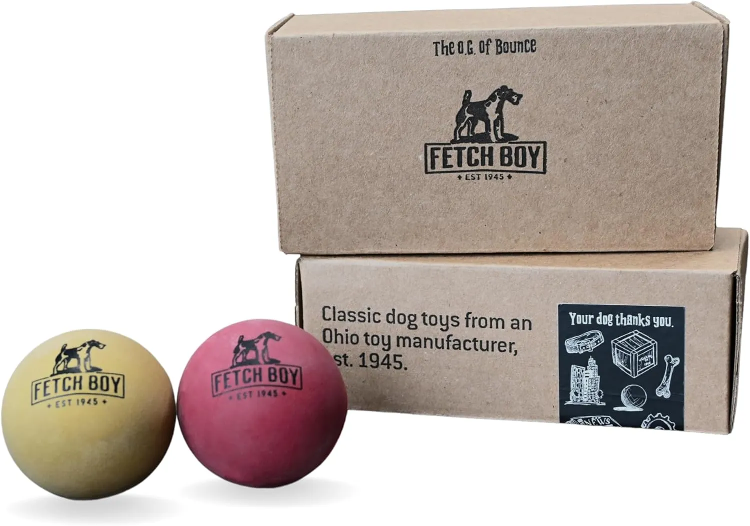 Fetch Boy The O.G. of Bounce Solid Sponge Rubber Dog Ball, Made in USA, 2.5 inches, Medium Breeds That Fetch, 2 Pack Gift Box