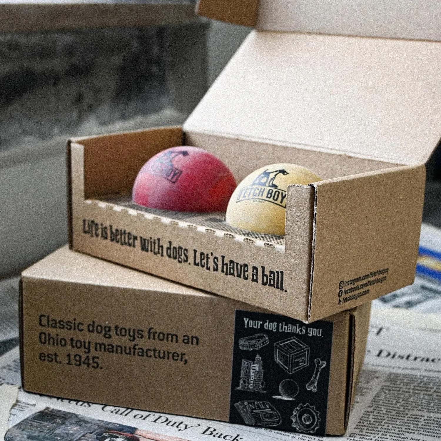 Fetch Boy The O.G. of Bounce Solid Sponge Rubber Dog Ball, Made in USA, 2.5 inches, Medium Breeds That Fetch, 2 Pack Gift Box