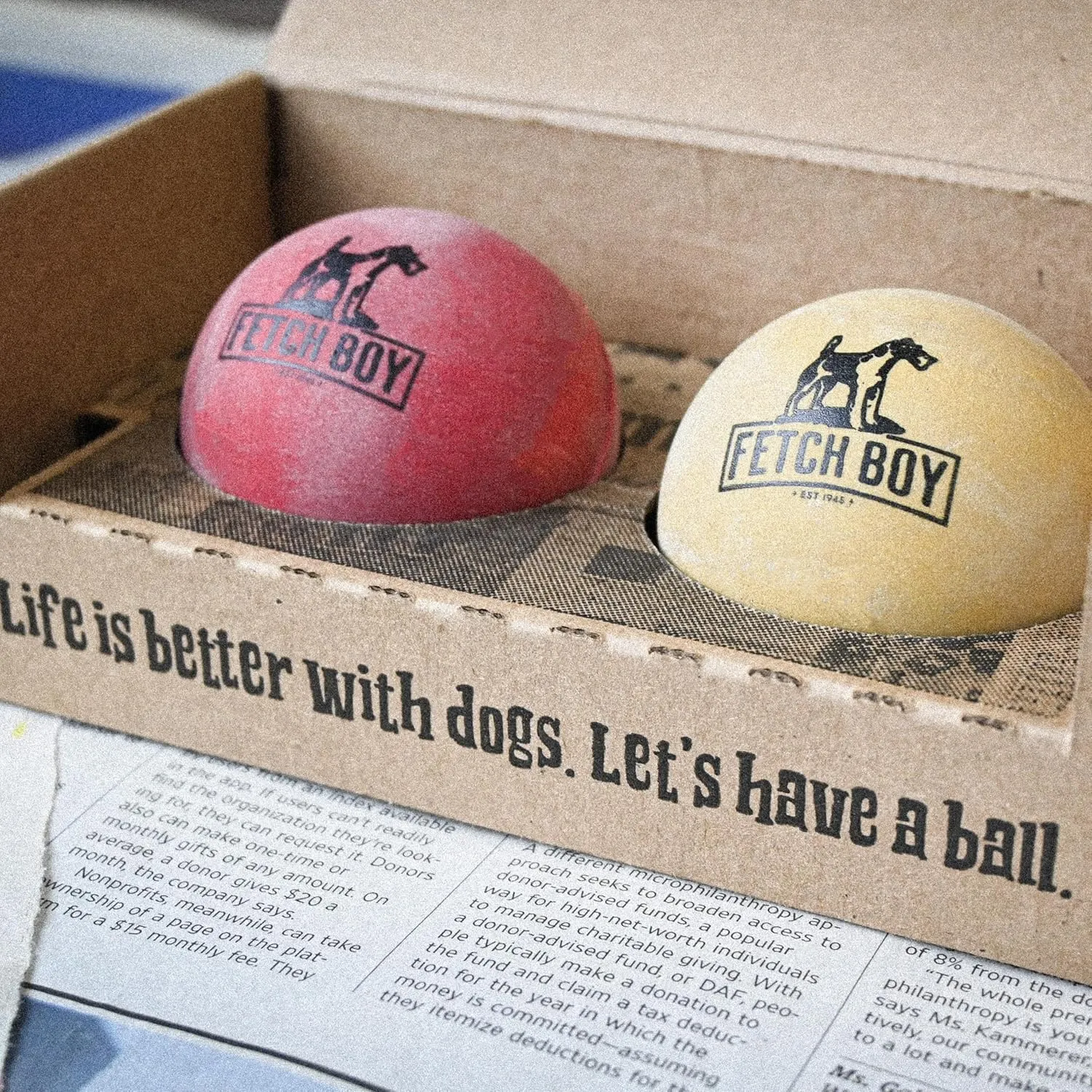 Fetch Boy The O.G. of Bounce Solid Sponge Rubber Dog Ball, Made in USA, 2.5 inches, Medium Breeds That Fetch, 2 Pack Gift Box