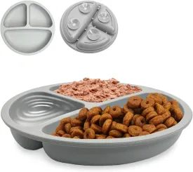 Fhiny 3Pack Silicone Cat Food Bowl, Non-Slip 3 in 1 Whisker Friendly Cat Dish with Compartment 7.7" Kitten Puppy Feeding Plate for Dry/Wet Food (Grey)