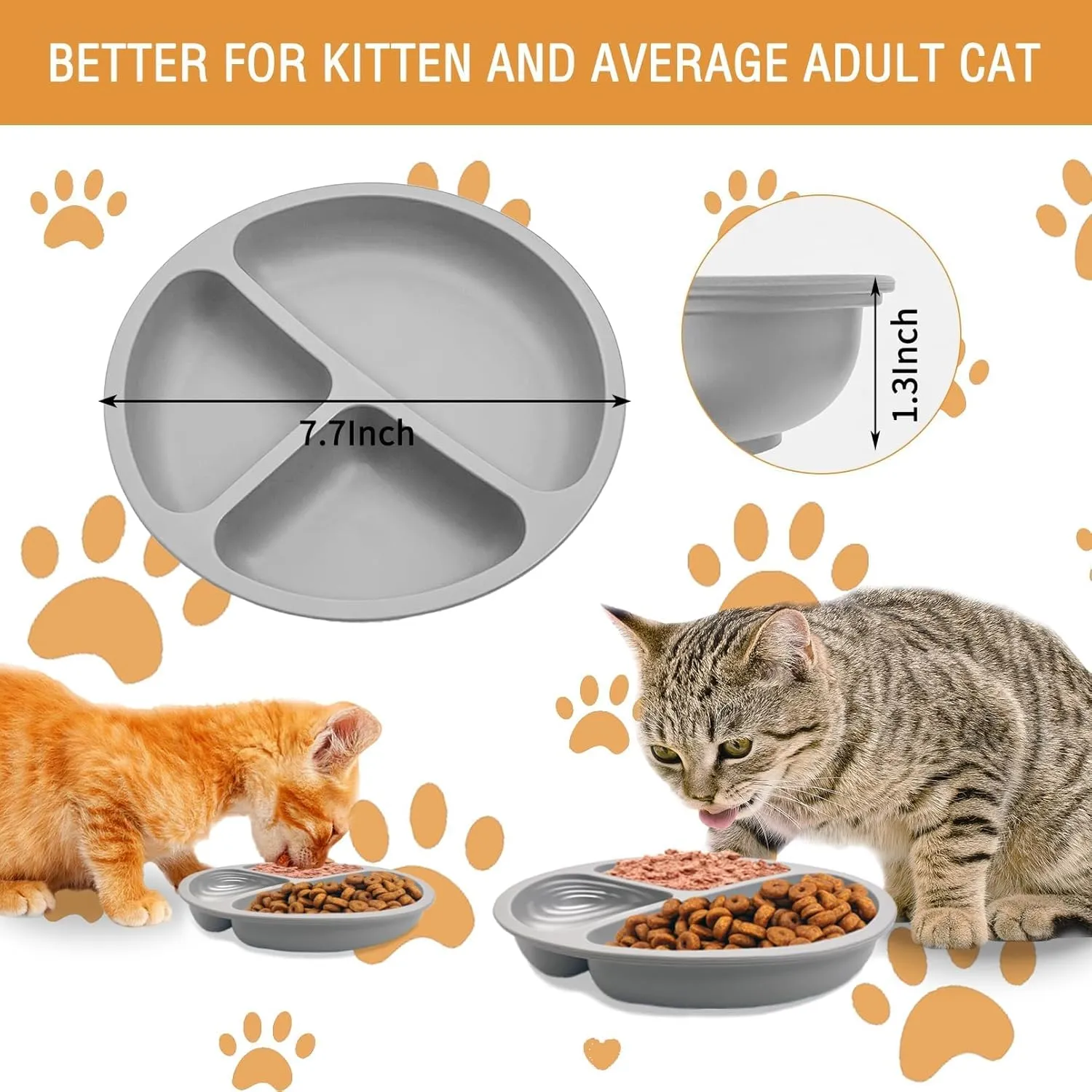 Fhiny 3Pack Silicone Cat Food Bowl, Non-Slip 3 in 1 Whisker Friendly Cat Dish with Compartment 7.7" Kitten Puppy Feeding Plate for Dry/Wet Food (Grey)