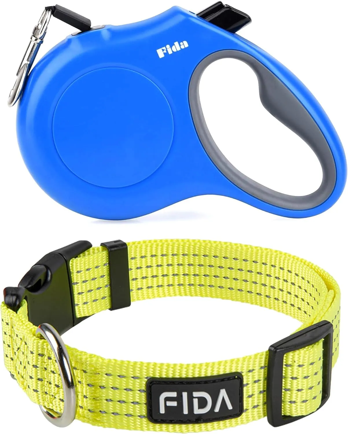 Fida Retractable Dog Leash and Reflective Dog Collar Set, Nylon Dog Collars with Neon Colors for Small/Medium/Large Dogs, High Visibility Dog Collars with Safety Locking Buckle(Medium, Neon Yellow)