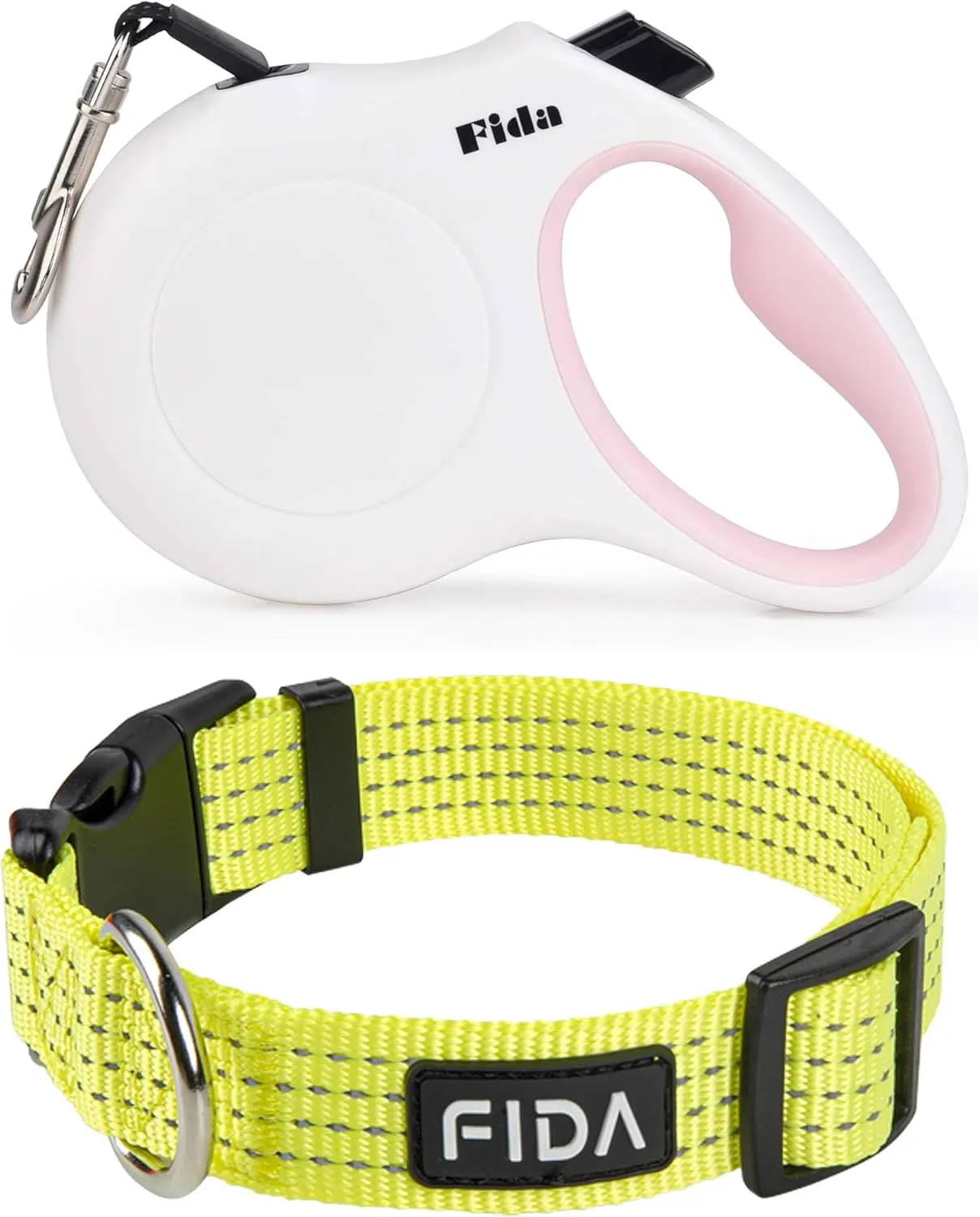 Fida Retractable Dog Leash and Reflective Dog Collar Set, Nylon Dog Collars with Neon Colors for Small/Medium/Large Dogs, High Visibility Dog Collars with Safety Locking Buckle(Medium, Neon Yellow)
