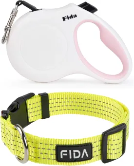 Fida Retractable Dog Leash and Reflective Dog Collar Set, Nylon Dog Collars with Neon Colors for Small/Medium/Large Dogs, High Visibility Dog Collars with Safety Locking Buckle(Medium, Neon Yellow)