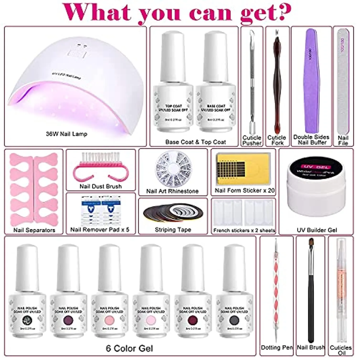 Gel Nail Polish Kit, 6 Colors Gel Nail Polish Starter Set with 36W LED Nail Dryer Lamp and Base Top Coat Home DIY Beginner Kit (Colourful)