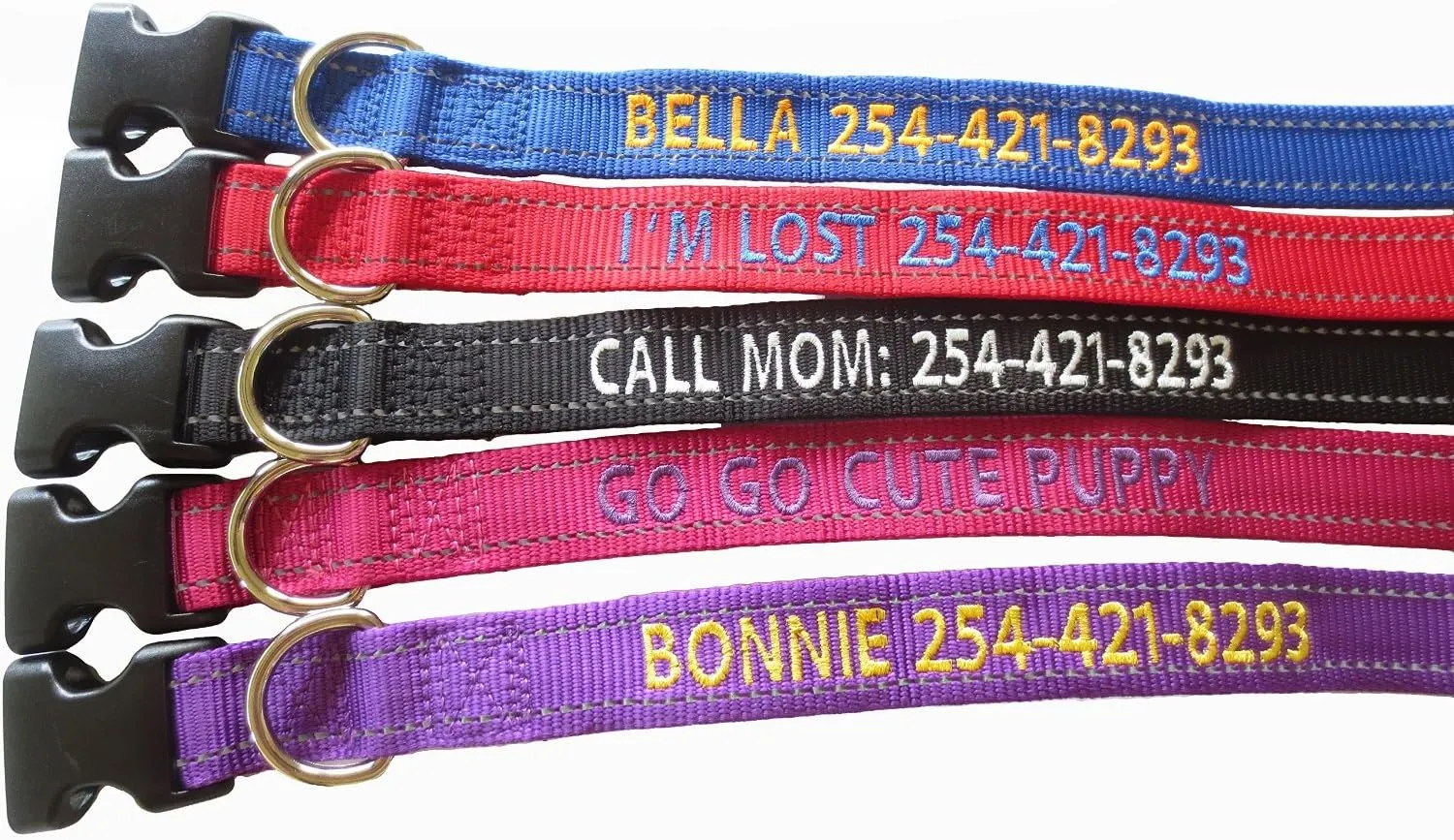Go Go Cute Puppy- Reflective Personalized Dog Collars - Custom Embroidered Collar W/Pet Name and Phone Number - 4 Adjustable Sizes - 5 Bright Reflecting Colors for Boy and Girl Dogs