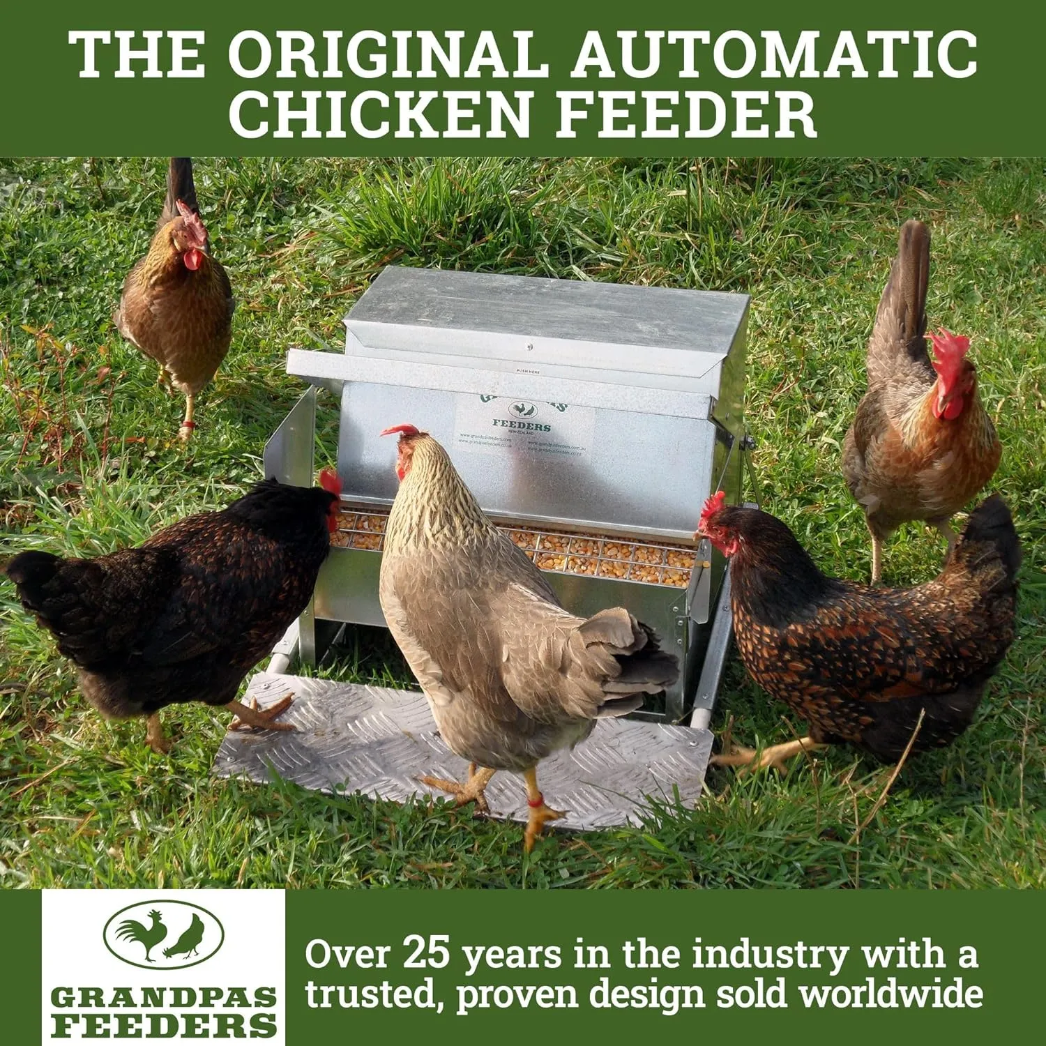 Grandpa's Feeders Automatic Chicken Feeder - Sturdy Galvanized Steel Poultry Feeders - No Spill with Weatherproof Lid - Standard Size for 6-12 Chickens 10 Days (20lb Feed)